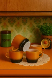 Vintage Fire-King Honey Gold Ombre Coffee Set – 4 Mugs + Creamer & Sugar