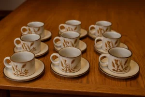 Vintage Wheat Motif Stoneware Cup & Saucer Set – 16 Pieces