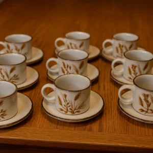 Vintage Wheat Motif Stoneware Cup & Saucer Set – 16 Pieces