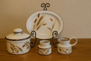 Vintage Wheat Motif Stoneware Serving Pieces – Casserole, Platter, Creamer & Sugar