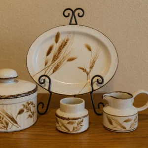 Vintage Wheat Motif Stoneware Serving Pieces – Casserole, Platter, Creamer & Sugar