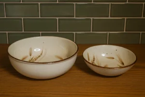 Vintage Wheat Motif Stoneware Mixing & Serving Bowls – Pair