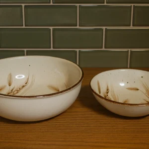 Vintage Wheat Motif Stoneware Mixing & Serving Bowls – Pair