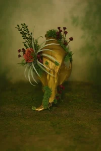 Handmade Golden Deer Skull Floral Arrangement – Retro Hutch Original