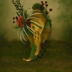 Handmade Golden Deer Skull Floral Arrangement – Retro Hutch Original