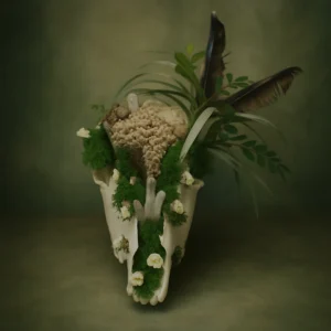 Handmade Deer Skull Art with Moss, Crystals, Feathers & Wasp Nest – Retro Hutch