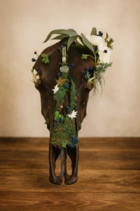 Handmade Black Cow Skull Wall Art with Moss, Crystals & Florals – Retro Hutch