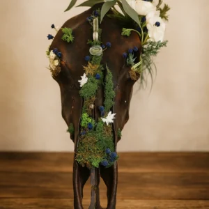 Handmade Black Cow Skull Wall Art with Moss, Crystals & Florals – Retro Hutch