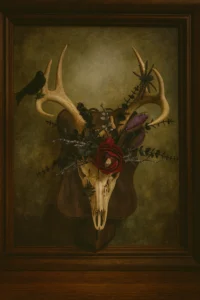 Gothic Deer Antler Skull Wall Mount with Rose, Raven & Oddities – Retro Hutch