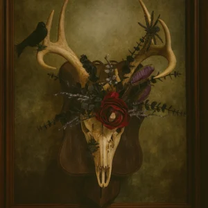 Gothic Deer Antler Skull Wall Mount with Rose, Raven & Oddities – Retro Hutch