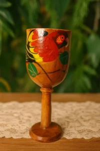 Vintage Hand-Painted Wooden Goblet with Tropical Parrot Design – 1960s