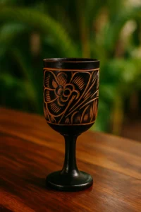 Vintage Hand-Carved Wooden Goblet with Floral Motif – 1970s Folk Art