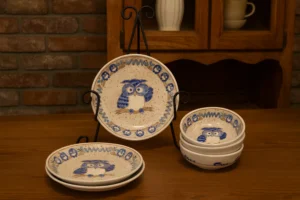Vintage Japanese Stoneware Owl Dishes – Hand-Painted Set