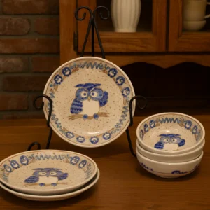 Vintage Japanese Stoneware Owl Dishes – Hand-Painted Set