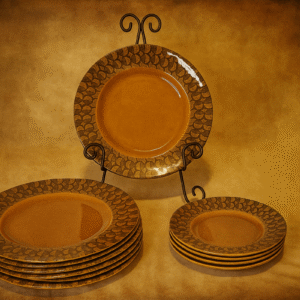 Vintage 1970s Brown & Amber Stoneware Plates – Leaf Border Set