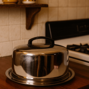 Vintage Stainless Steel Cake Dome with Black Handle – 1960s–1970s
