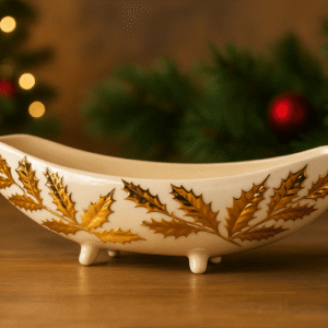 Vintage Gold Holly Leaf Ceramic Bowl – 1950s–1960s Holiday Centerpiece