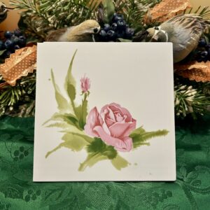 Vintage Floral Decorative Ceramic Tile with Pink Rose Motif