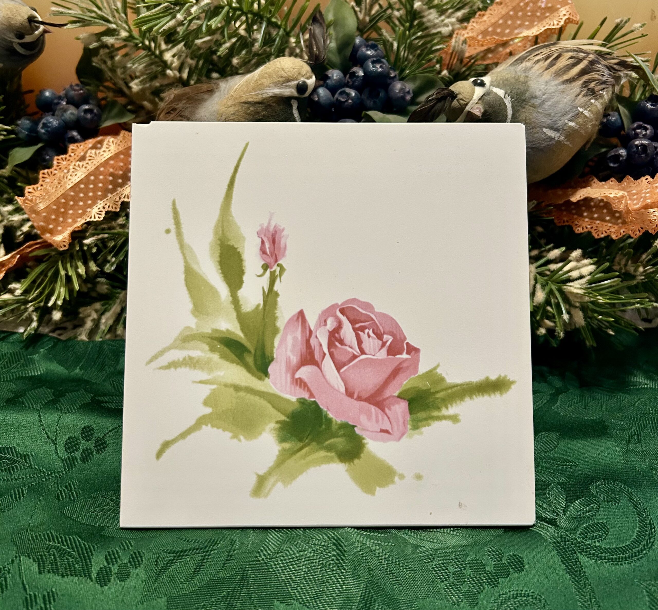 Vintage Floral Decorative Ceramic Tile with Pink Rose Motif