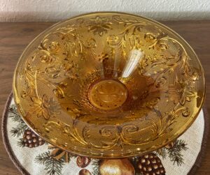 Vintage Amber Indiana Glass Floral Scroll Bowl (1960s–1970s)
