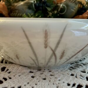 Vintage white porcelain serving bowl with grey and pink wheat stalk design.