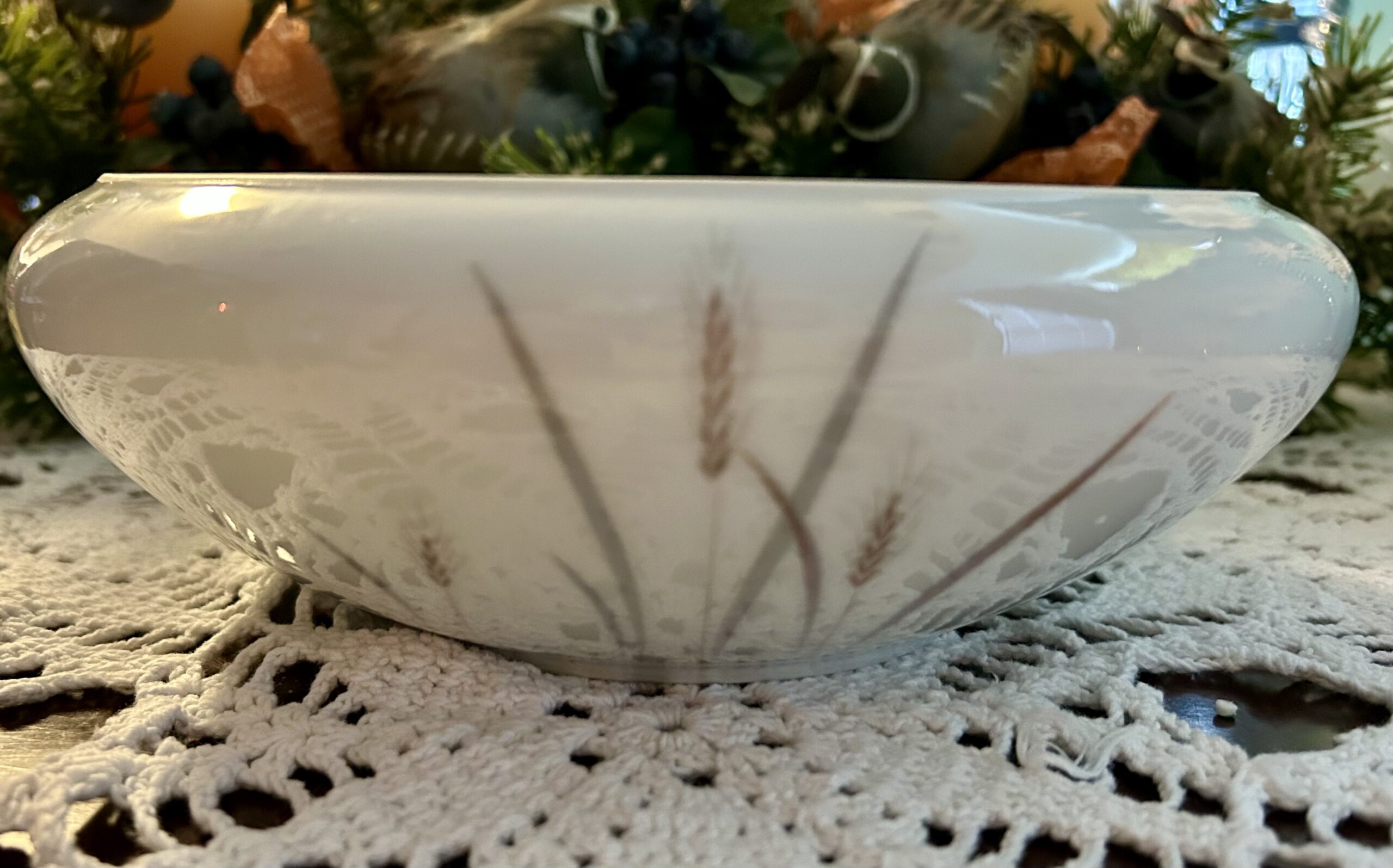Vintage white porcelain serving bowl with grey and pink wheat stalk design.