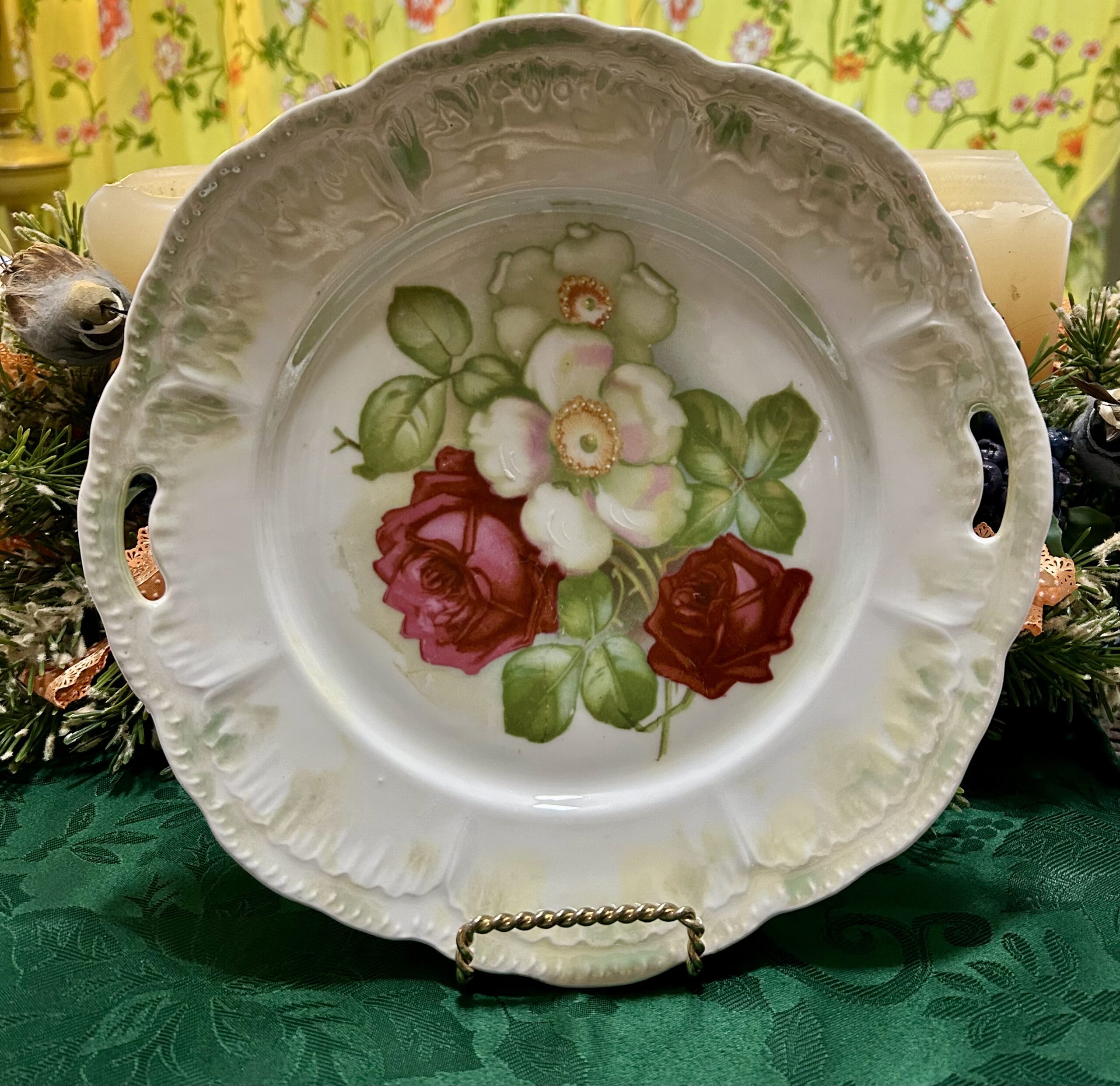 Vintage German-Style Floral Porcelain Handled Serving Bowl (Nappy Dish)